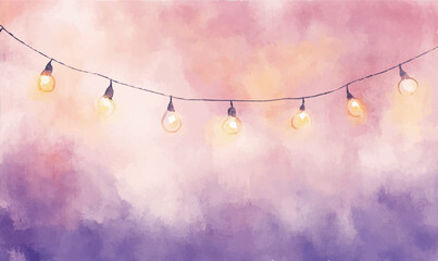 Soft peach and lavender watercolor texture on paper, simple depiction of string lights	