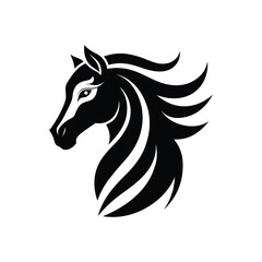 Black and white tribal horse head with wind-blown mane design.eps