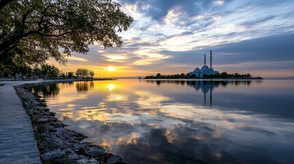 Fototapeta premium Baku tranquil sunrise reflections caspian sea landscape photography calm environment scenic view nature's beauty