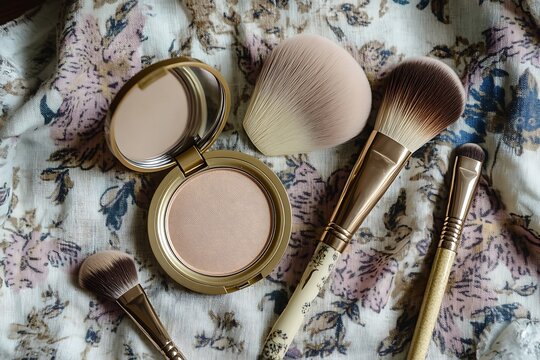 Flat lay of vintage makeup compacts and brushes on a floral vintage cloth, reflecting classic beauty trends,