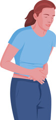 Woman Suffering From stomach pain, woman holds her stomach with hands.