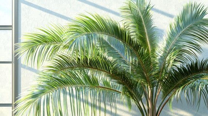 Fototapeta premium Sunlight illuminates a lush palm tree against a light beige wall, casting soft shadows. Indoor plant with vibrant green fronds, accentuating a bright, airy space