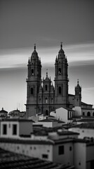 Fototapeta premium Gothic Cathedral Rising Above City Rooftops – Black and White Architectural Photography