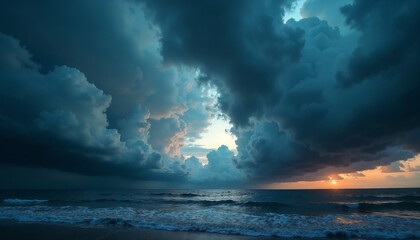 Dramatic sunset over the ocean with dark clouds and vibrant colors on the horizon