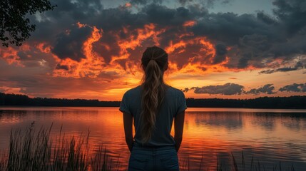 Fototapeta premium Woman lake sunset fiery clouds contemplation