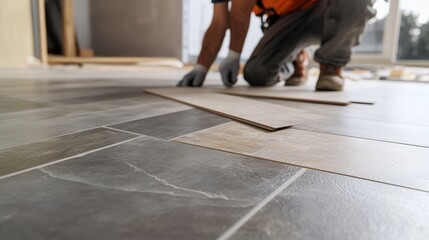 Fototapeta premium Construction worker laying flooring tiles in a room. Featuring tile installation