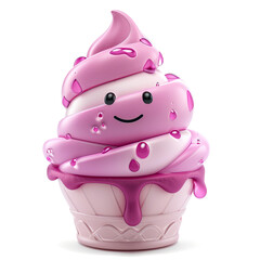 A 3D rendered, kawaii  ice cream cupcake with a smiling face and pink swirls.