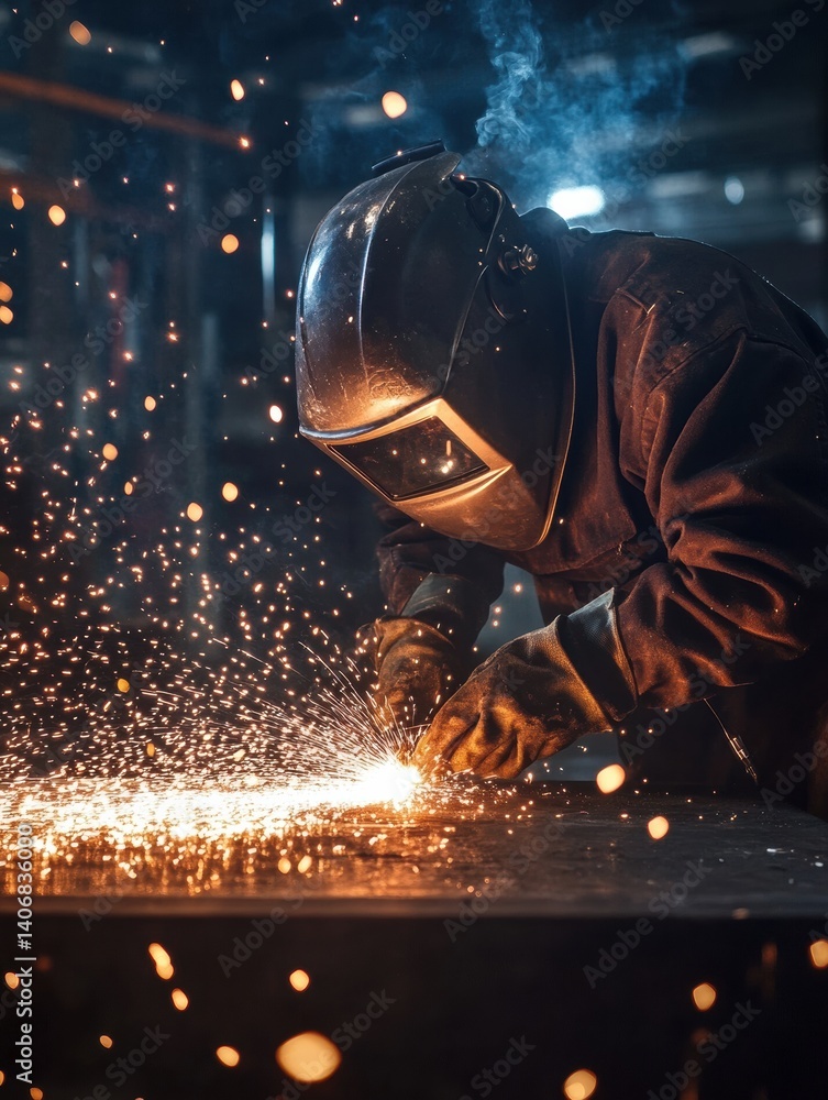 Poster welder working in dark workshop creating intense sparks under cinematic lighting
