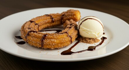 Fried Dough Pastry with Ice Cream and Chocolate Sauce