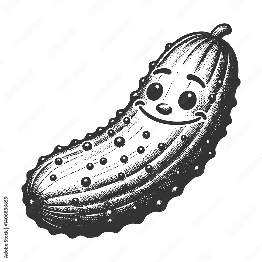 Poster smiling cucumber pickle with a cheerful face, drawn in a retro style with playful details sketch eng