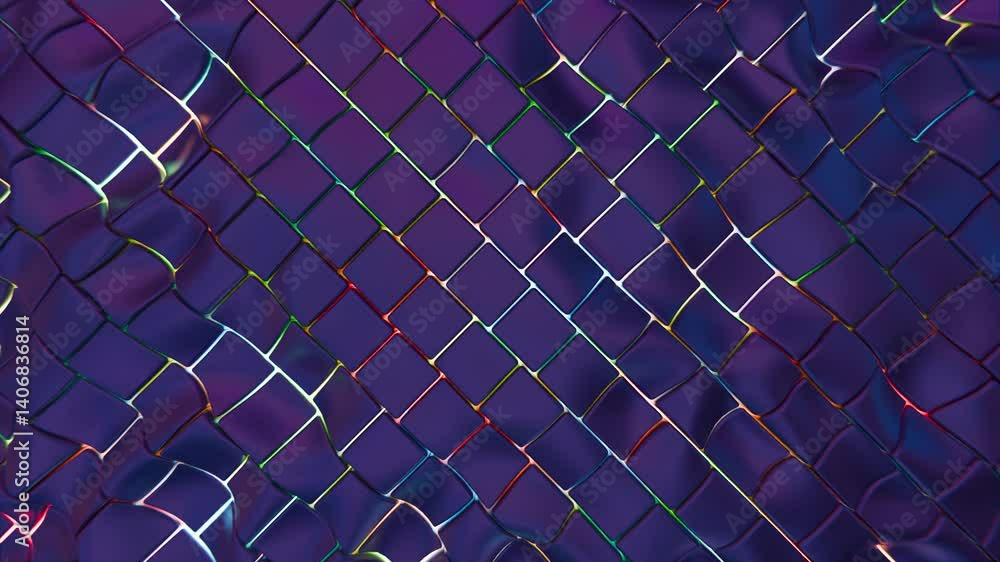 Poster a rippling mosaic of fluid squares in rich purple hues, creating illusions of a wave pattern that me
