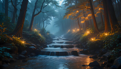 Fototapeta premium Cascading Stream Through Misty Forest with Soft Glowing Lights