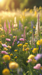 Obraz premium Sunlit Summer Meadow with Blossoming Wildflowers