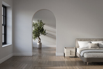 Empty white wall with arched entry and furniture decoration. 3d rendering of bedroom interior.