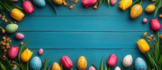 Easter eggs tulips wood spring greeting
