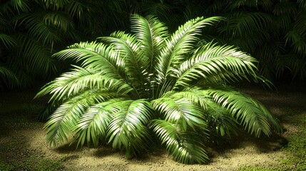 Fototapeta premium Lush palm in a tropical jungle. Sunlight highlights vibrant foliage