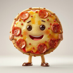A 3D pizza character, holding its crust, with a happy expression and  pepperoni and cheese toppings.