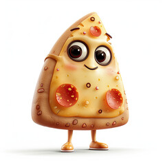A cartoon pizza slice with large eyes, a smile, and pepperoni toppings. It's posed as if walking or standing.