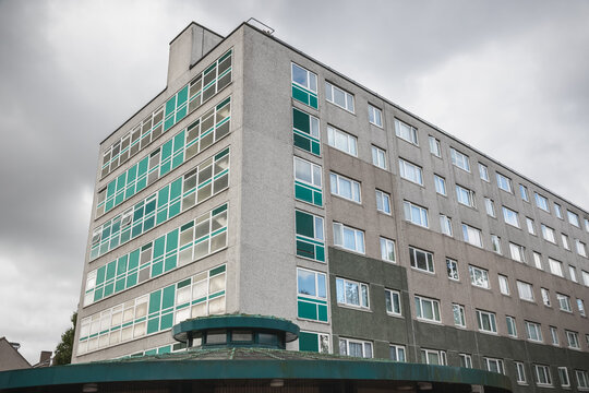 Facade of old concrete block at Broadwater Farm estate in Tottenham area, London, England