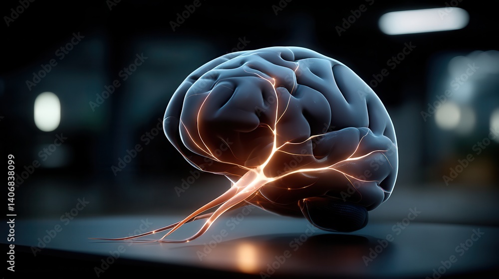 Poster innovative 3d brain visualization with glowing neural connections in dark setting