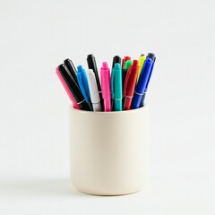 Fototapeta premium Colorful Pens in a Cream-Colored Pen Holder