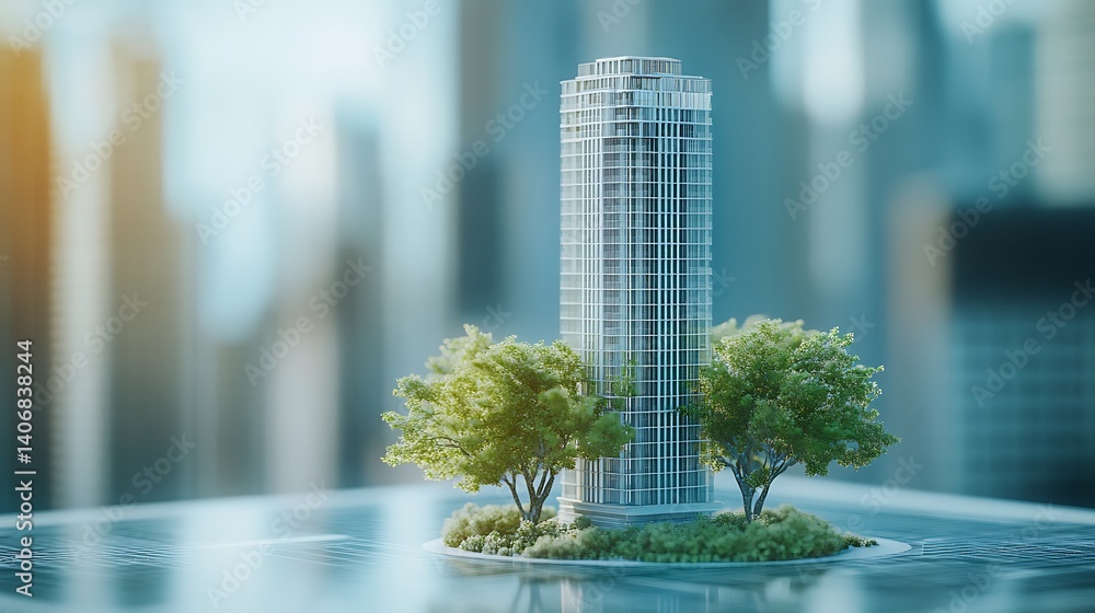 Poster building model with trees in urban setting