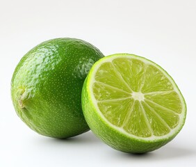 Fresh Green Lime on White Background with Half Sliced Showing Juicy Interior, Perfect for Culinary, Beverage, and Healthy Lifestyle Themes