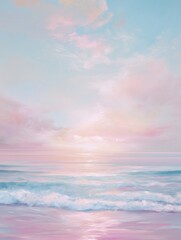 Pastel sunrise reflecting on serene ocean waters washing over golden sandy coastline