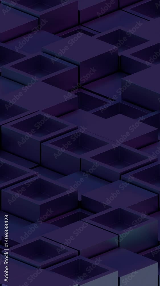 Poster Purple layered squares in a 3D arrangement forming a minimal geometric pattern with depth and modern style.