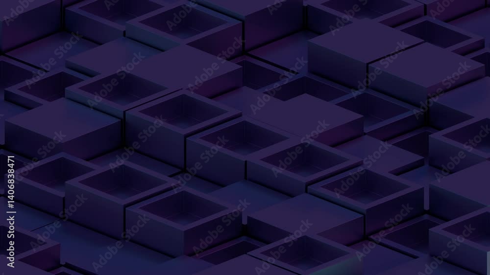 Poster Purple layered squares in a 3D arrangement forming a minimal geometric pattern with depth and modern style.