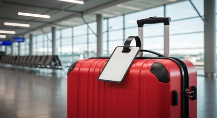Red Suitcase with Tag at Airport Terminal Ready for Travel