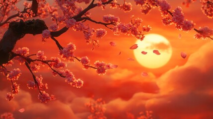 Pink Cherry Blossoms Sunset Sky