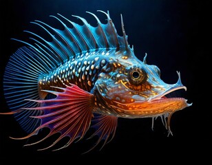 Fototapeta premium Colorful Spiny Fish: A vibrantly colored spiny fish, featuring bold orange, blue, and purple hues, swims gracefully in a darkened environment.