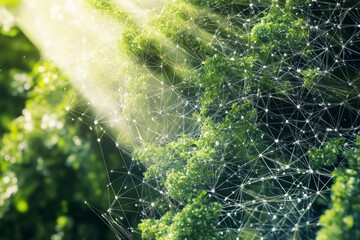 lowing neural connections embedded in green foliage. Symbolizes fusion of nature and technology, photosynthesis, biological networks, green energy.