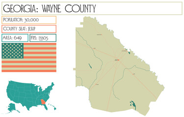 Large and detailed map of Wayne County in Georgia USA.