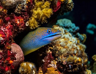 Obraz premium Underwater Jewel: A vibrant mosaic of marine life unfolds, revealing a mesmerizing eel with a striking pattern emerging from a colorful coral reef, showcasing nature's aquatic beauty.