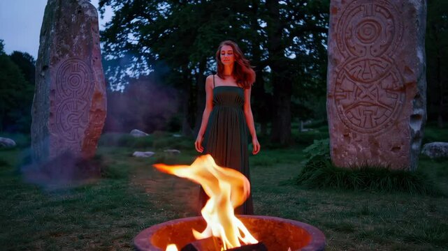 Pagan woman performing ritual near bonfire and celtic stones