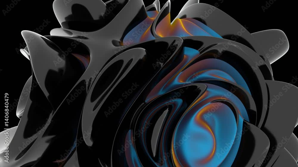 Poster A glossy black and blue swirl with hints of orange, forming a fluid, modern shape that merges reflection and color shifts in a dynamic 3D design.