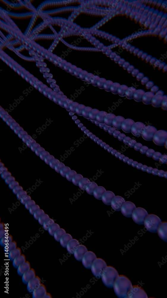 Poster Strings of purple spheres form a flowing wave pattern on a black background, blending illusions and technology into a dynamic, futuristic design.