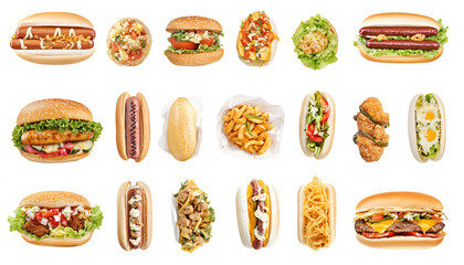 Big menu of various Fast Foods and snacks, isolated on white background. fast food menu set. Assortment of many delicious fast foods isolated. hotdog, pasta, chicken burger, burrito