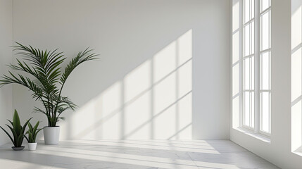 A pristine, minimalist white room, highlighted by natural light and tropical plants, showcasing a modern interior design aesthetic.