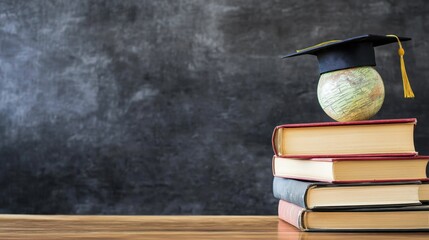 Books with graduation hat and globe on chalkboard background