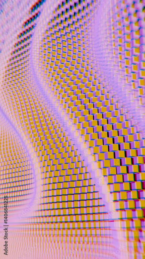 Fototapete Flowing mosaic illusions in pink and yellow squares form a dynamic wave pattern, merging color distortion and synergy in a modern, futuristic aesthetic.