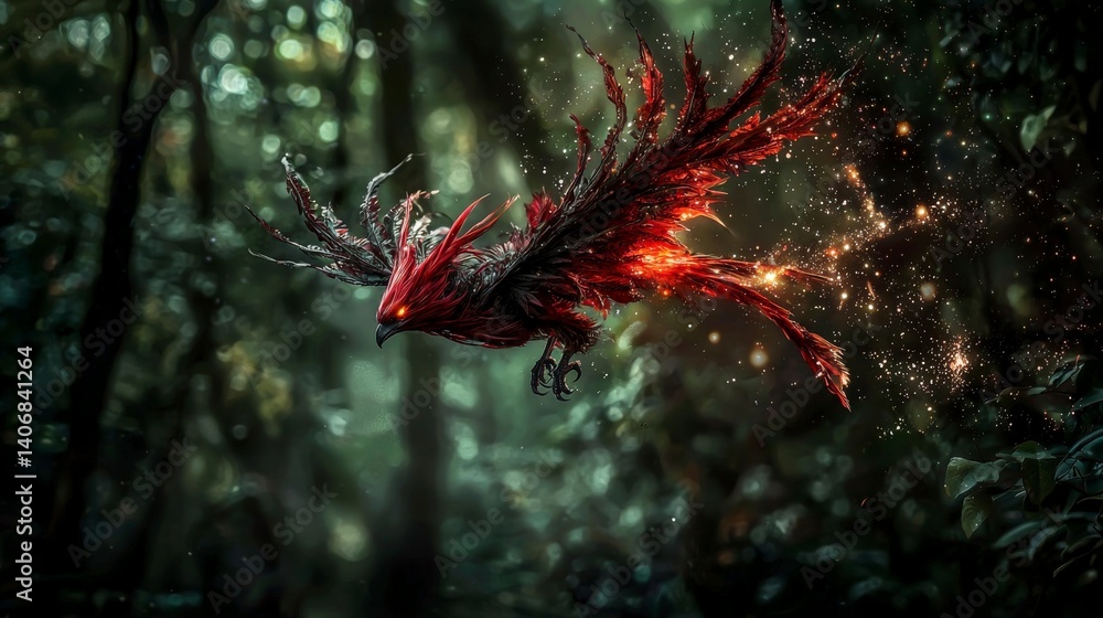 Poster mythical phoenix soars through enchanted forest fantasy art digital creation mystical atmosphere cap