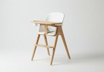 A studio shot of a modern wooden and white baby high chair with a tray against a white background