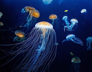 Translucent blue jellyfish swim in the deep, dark aquarium