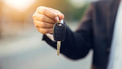 Hand offering car keys closeup automobile sale purchase vehicle ownership transport keys
