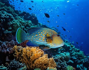 Fototapeta premium Wahoo Fish in Coral Reef: A vibrant Wahoo fish, with its striking yellow, blue, and green scales, swims amidst a colorful coral reef teeming with smaller fish.