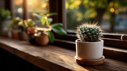 Fototapeta premium Peaceful cactus plant displayed on wooden windowsill in warm home