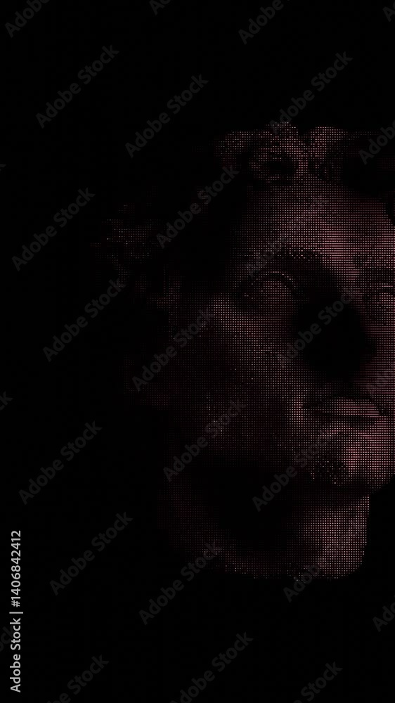 Poster A classical statue face depicted in a glitchy pixel style against a black background, fusing illusions and synergy into a modern, futuristic wave-pattern concept.